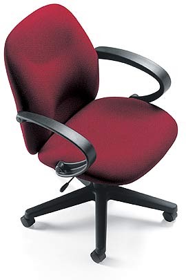 red swivel chair with curved arms